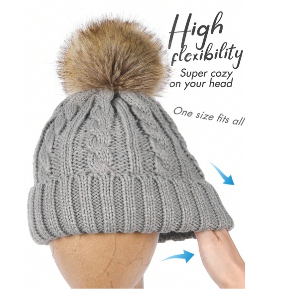 Grey Cable Knit Beanie Hat Faux Fur Pom Pom  100% Acrylic - Picture 5 of 7